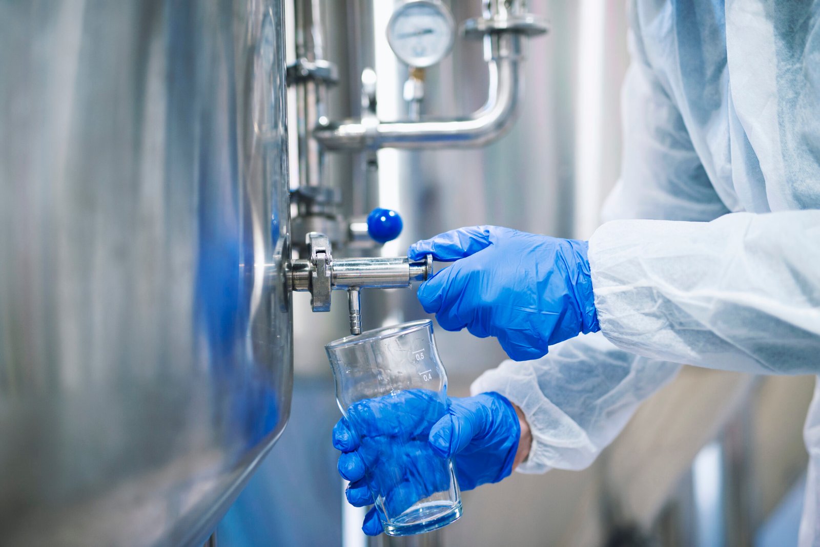 Close up view of hands in protective gloves opening tap valve and filling glass with samples from industrial machine reservoir.